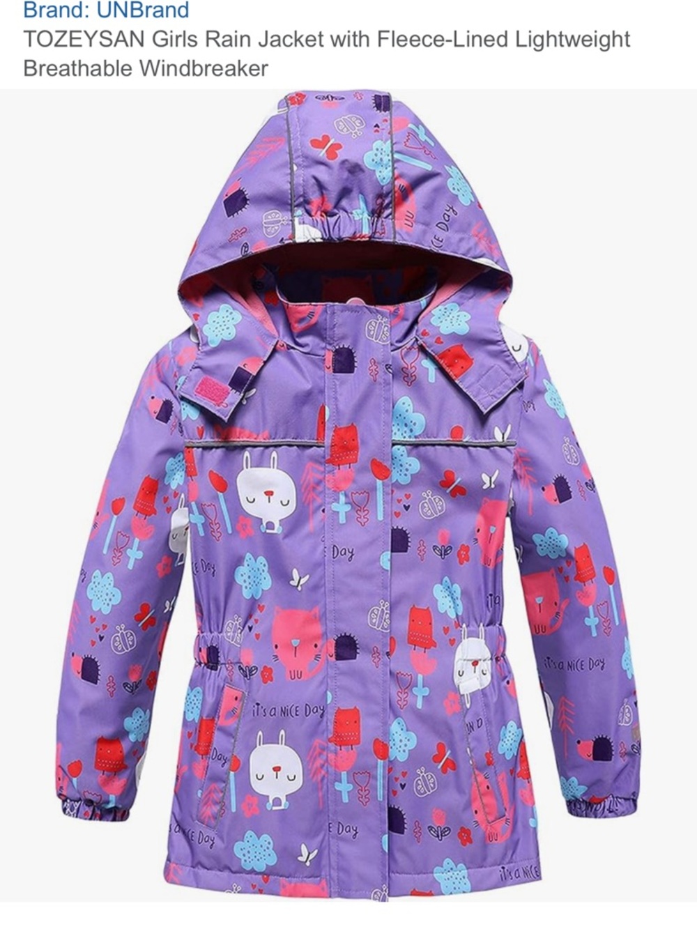 Kids Waterproof Purple Animal Print Rain Jacket on a warmed lining